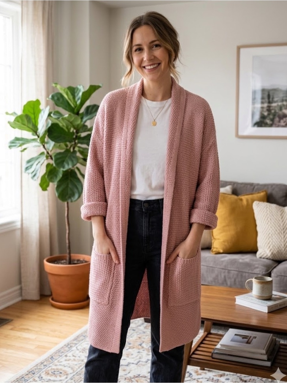The Skinny Famous Erinn Cardigan Open-Front Pink Waffle-Knit Sweater Cardigan